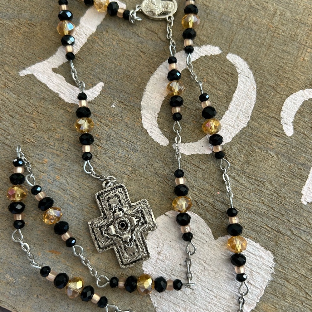 4/$100 ROSARY Black and Gold Beaded Necklace